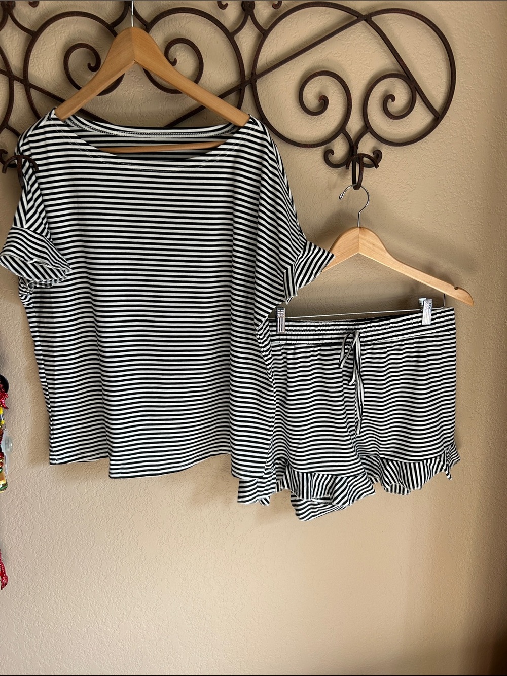 Striped Black & White Ruffled Women's Short Set